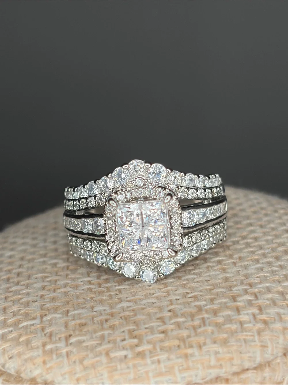 Silvertone Halo Multi-Row Cubic Zirconia Engagement Ring Sz 9